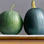 Detail of Watermelon and zucchini sitting on table barely touching