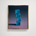 Painting of a teal stack of teal paper boxes on a purple to gray gradient background