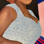 Painting of a woman in a white and blue dress