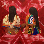Painting of two women seen from the back over a red abstracted background