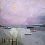 Oil painting of boats with expansive purple sky