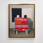 Still life painting of two painted apples on soda boxes