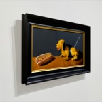 Painting of a toy dog with a hot dog