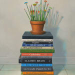 Still life painting of a flowerpot with paint brushes in it atop a stack of books