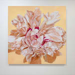 Large painting of beige peony on yellow background