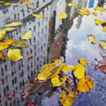 Reflection of city buildings in a puddle with fall leaves in it