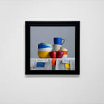 Still life of stacked bowls and two apples