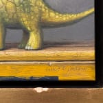 Painting of a dinosaur with a bit apple beside it, all surrounded by a bitten frame