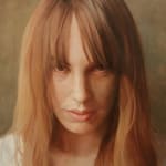 Portrait painting of a woman with blonde hair and white shirt