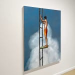 Man in orange bathing suit shorts standing on a small diving board in the sky