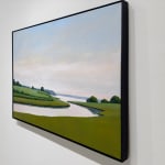 Painting of a river and riverbanks with bushes and trees in the background