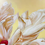 Large painting of beige peony on yellow background