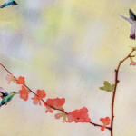Mixed media work with Aged Silver Leaf with Pigment Print, Acrylic Paint, Watercolors and Resin on Fan-Shaped Panel