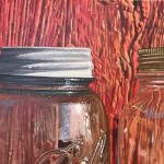Painting of glass mason jars on a wood table in front of a red wall