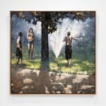 Oil painting of kids playing in sprinkler on panel