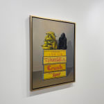 Still life painting of a gorilla with a pile of bananas on a stack of yellow crates