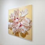 Large painting of beige peony on yellow background