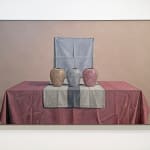 Painting of three shiny colorful vases on a table with tablecloth