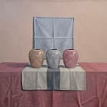 Painting of three shiny colorful vases on a table with tablecloth