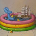 Painting of balloon dog taking a bath