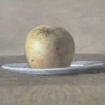 Painting of an apple on a plate on a table