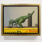 Painting of a toy dinosaur eating oreos