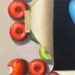 Painting of balloon dog eating an apple inside a painting of apples