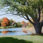 Oil painting of pond in fall on linen