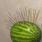 Painting of two watermelons with paintbrushes