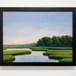 Painting of a river marsh with bushes and landscape