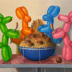 Painting of balloon dogs eating a bowl of spaghetti