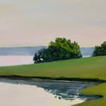Painting of a river and riverbanks with bushes and trees in the background