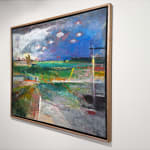 Painting of a beach and countryside landscape