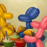 Painting of balloon dogs pretending to eat tacos