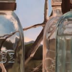 Oil painting of glass bottles before winter tree and sky