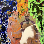 Painting fo Nigerian man and woman in front of abstracted painted backdrops