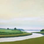 Painting of a river and riverbanks with bushes and trees in the background