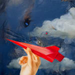 Painting of a man holding a red paper plane