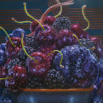 Painting of still life of dark purple fruit