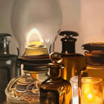 Oil painting of antique candles and glasses on linen