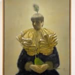 Oil painting of woman sitting with peacock in lap on canvas