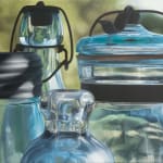 Oil painting of glass bottle tops up close on canvas