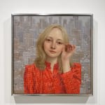 Oil painting on wood of blonde woman in red shirt with building in background