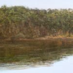Painting of lake with trees