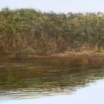 Painting of lake with trees