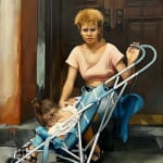 Figurative oil painting of woman with baby in stroller on linen