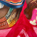 Painting of two women seen from the back over a red abstracted background