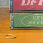 Still life painting of toys and soda boxes