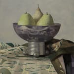 3 pears sitting in metal vase on clothed table