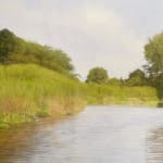 Landscape painting of a body of water and some greenery